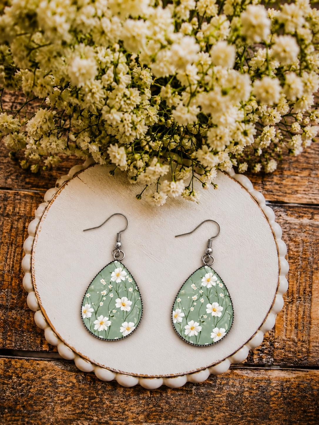 Sage Daisy Teardrop Earrings