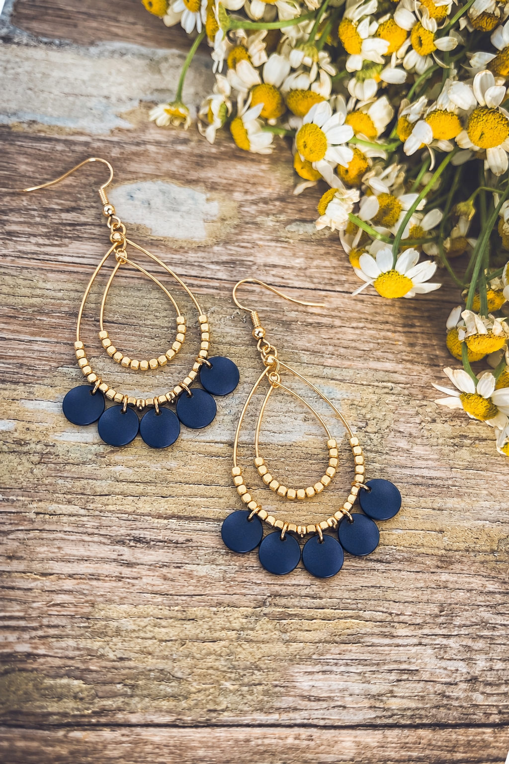 Navy Boho Double Teardrop Earrings