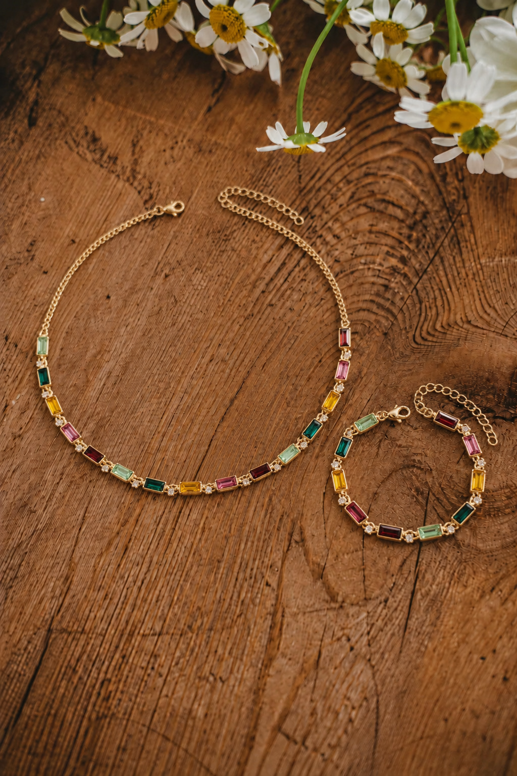 Rainbow Baguette Necklace & Bracelet Set