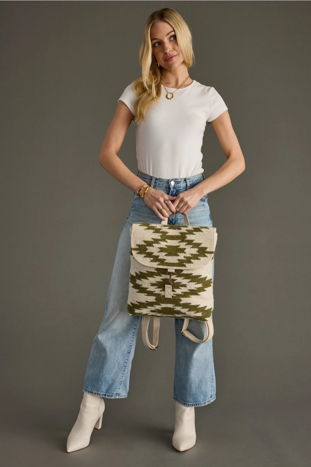 A blonde woman models a white ribbed t-shirt, light-wash wide-leg jeans, white ankle boots, gold circle pendant necklace, and gold bangle bracelets, holding a cream and olive green geometric patterned backpack against a plain grey studio background