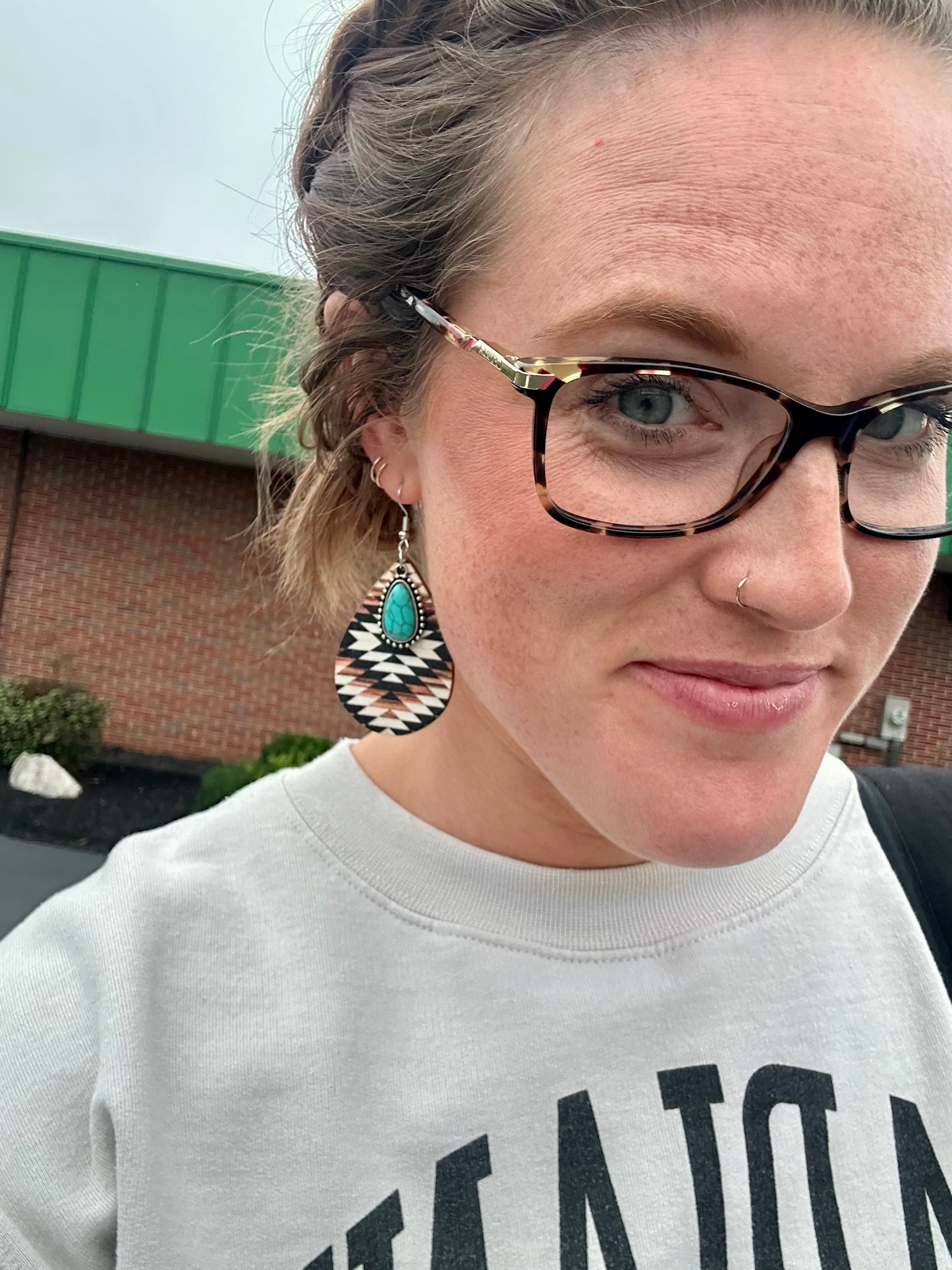 Aztec Pattern Wood and Turquoise Drop Earrings