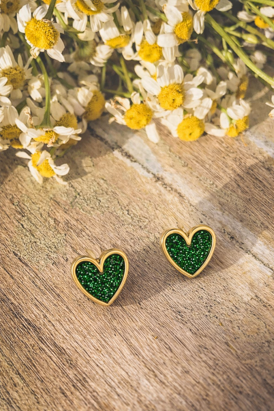 Adorable Gold and Green Heart Stud Earrings