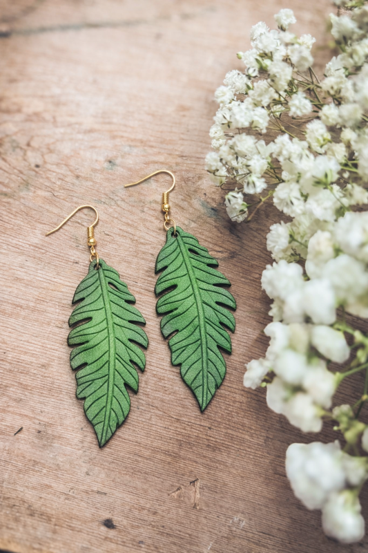 Beautiful Green Wood Leaf Earrings