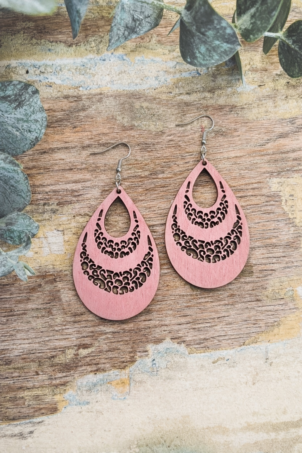 Beautiful Pink Wood Drop Earrings