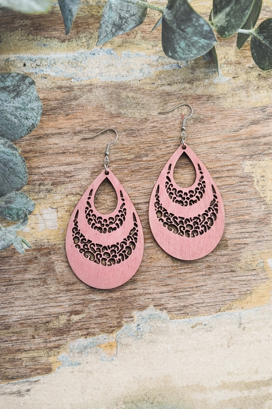 Beautiful Pink Wood Drop Earrings