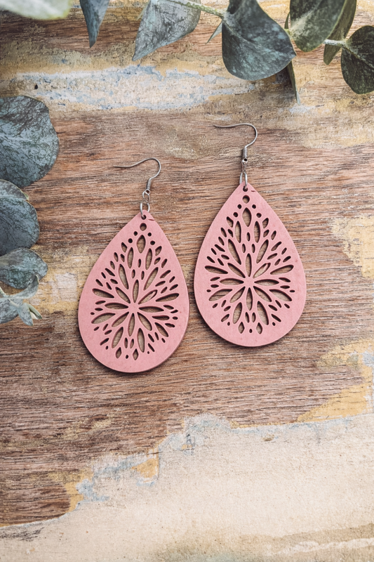 Beautiful Pink Wood Drop Earrings