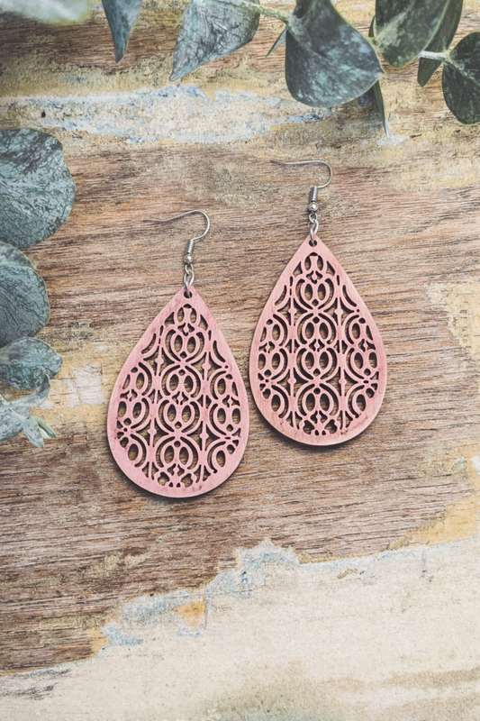 Beautiful Pink Wood Drop Earrings