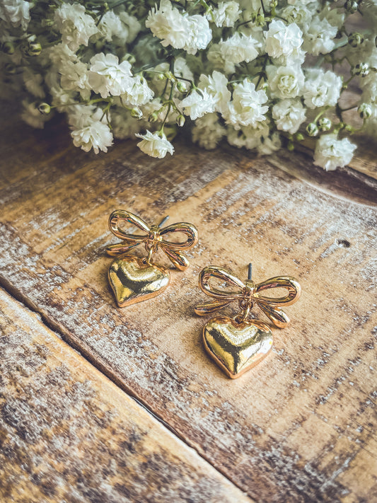Beautiful Gold Heart Bow Earrings