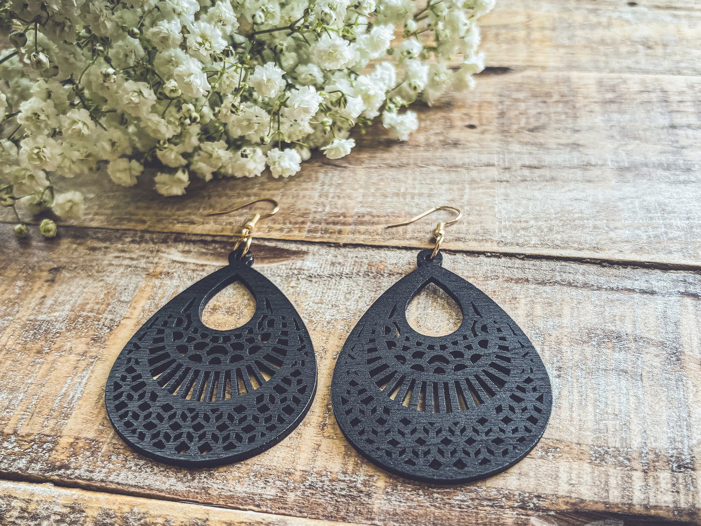 Beautiful Black Wooden Laser Cut Earrings