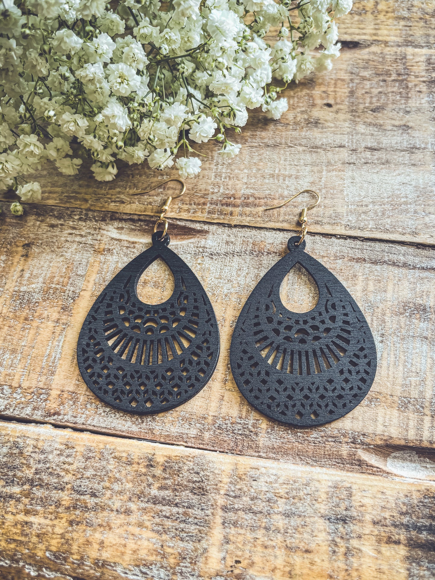 Beautiful Black Wooden Laser Cut Earrings
