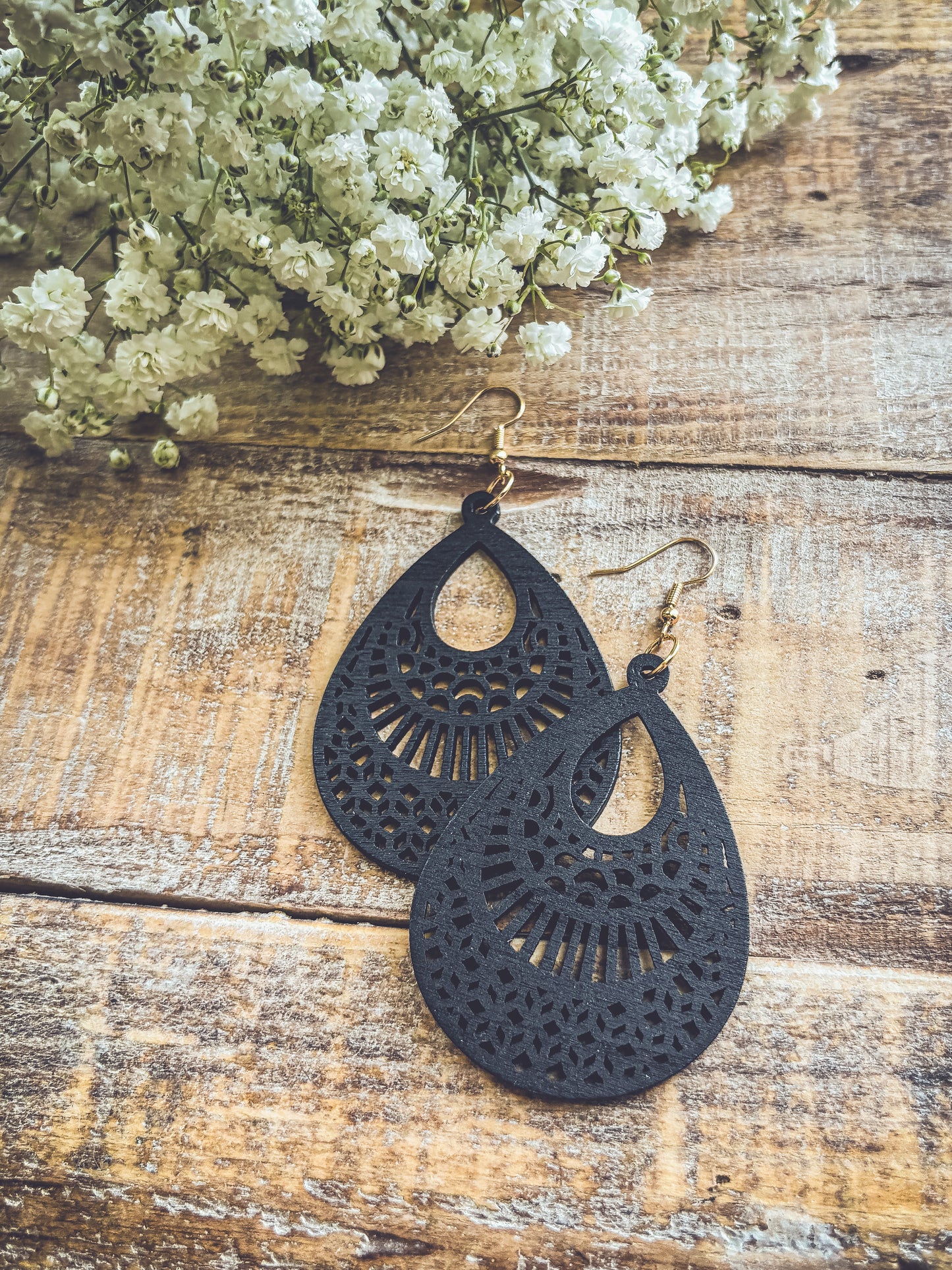 Beautiful Black Wooden Laser Cut Earrings