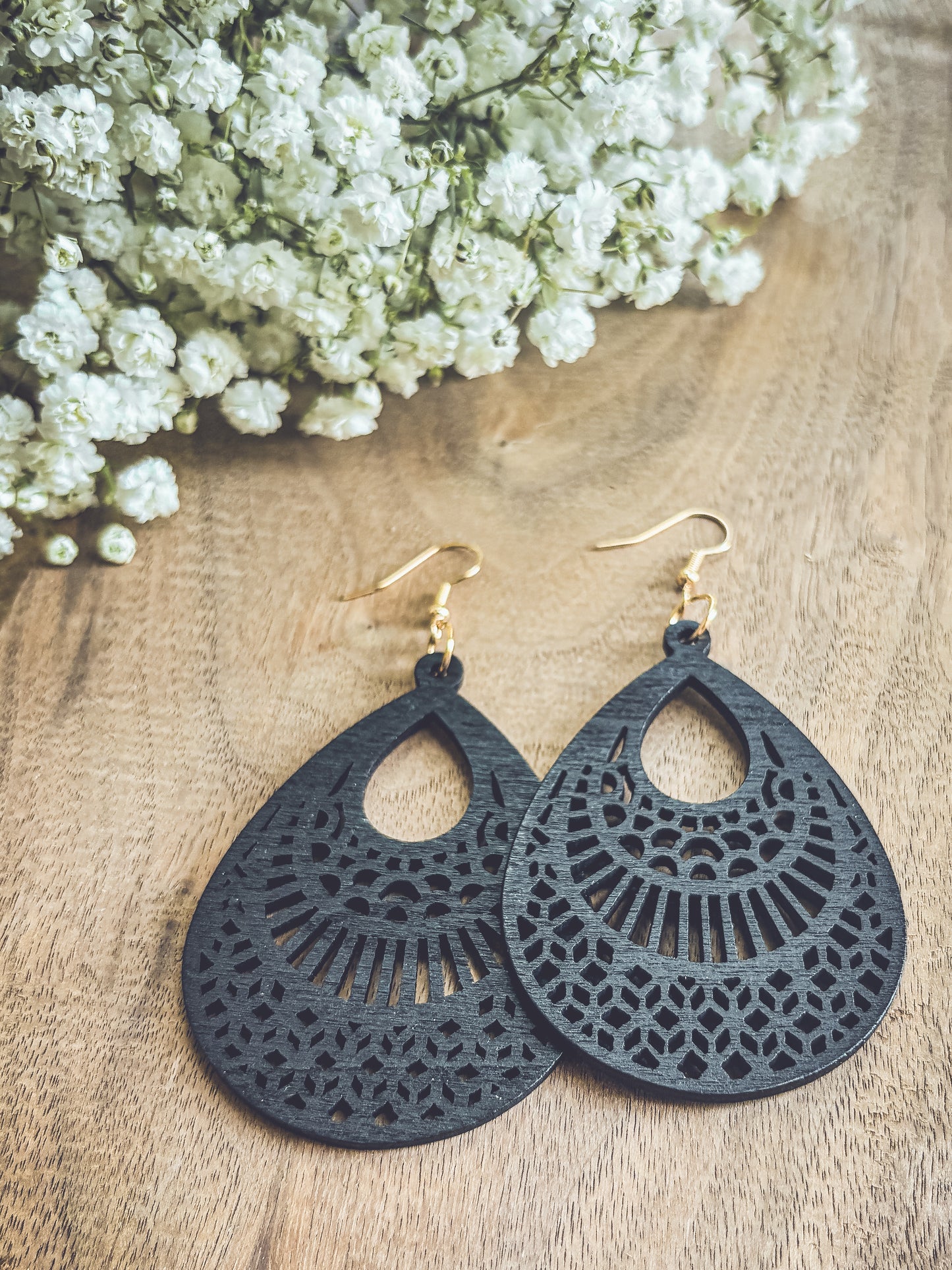 Beautiful Black Wooden Laser Cut Earrings