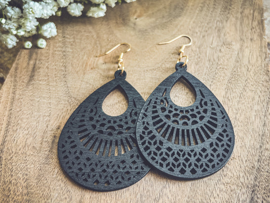 Beautiful Black Wooden Laser Cut Earrings