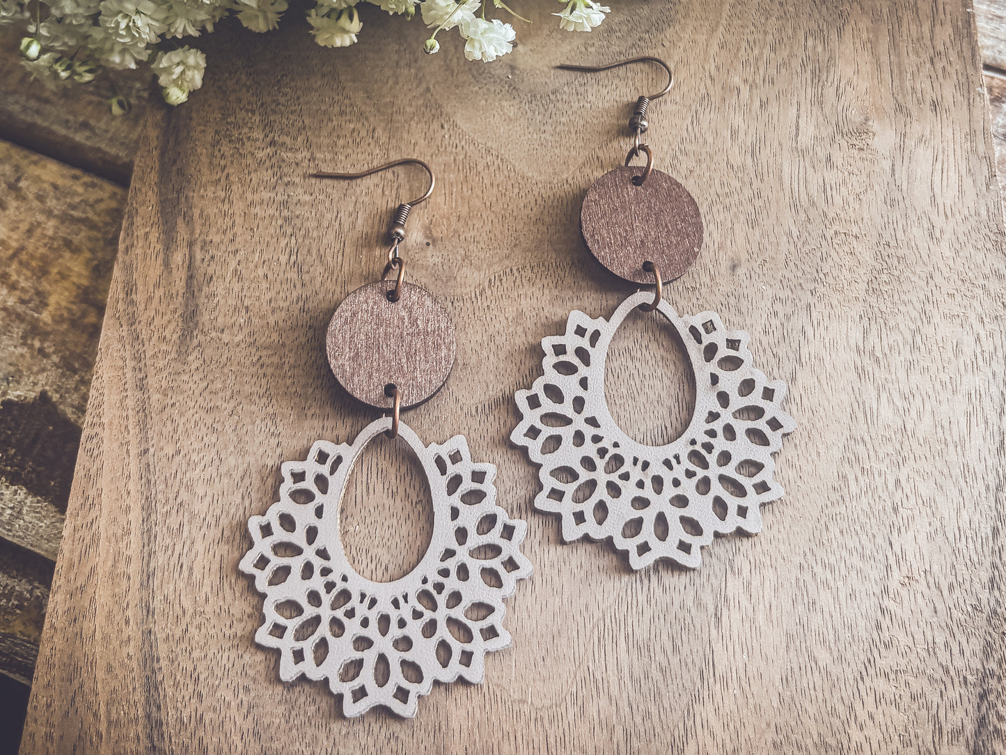 Beautiful Off White Wood Lavender Hued and Leather Earrings
