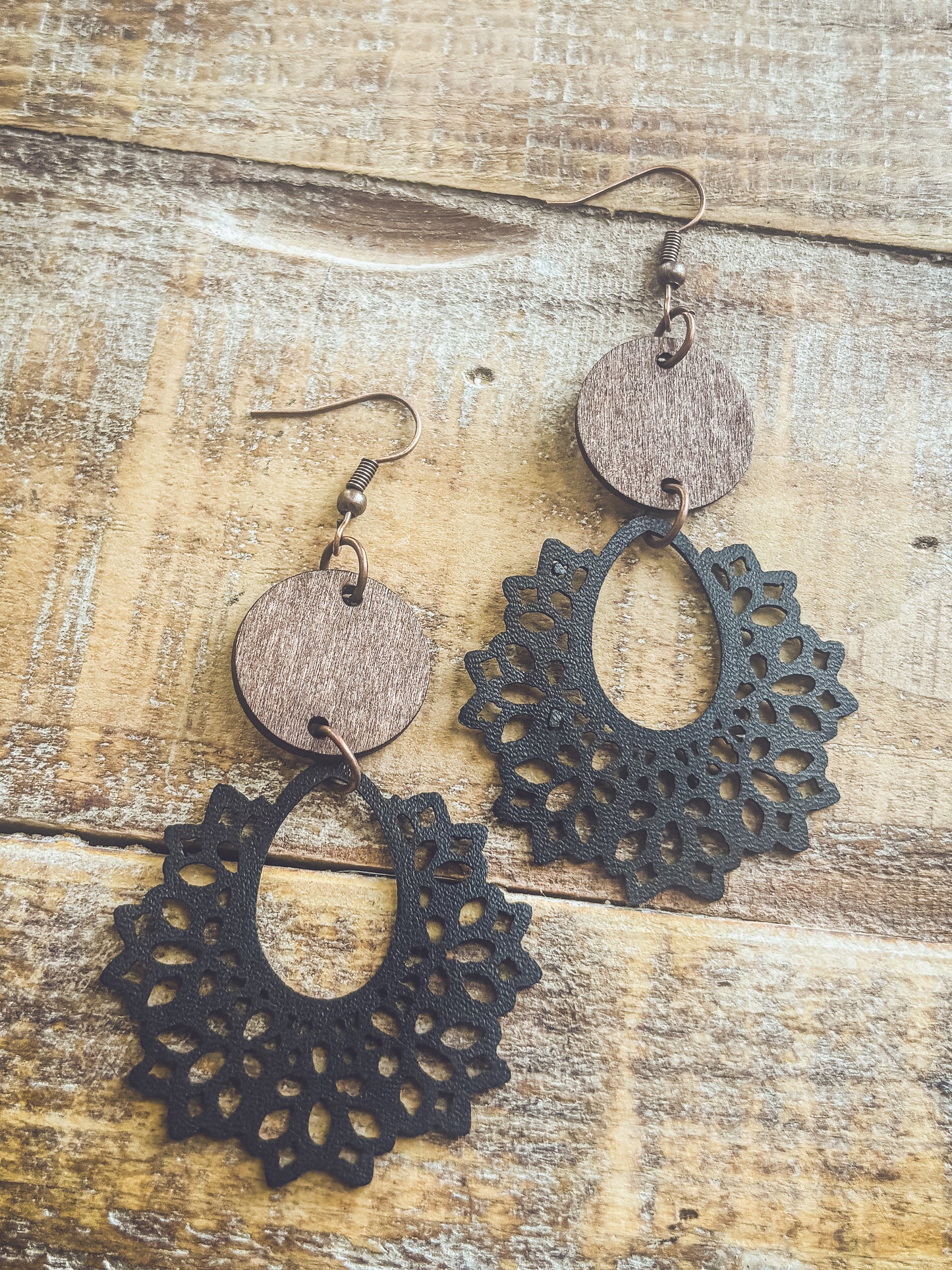 Beautiful Black Leather and Wood Earrings