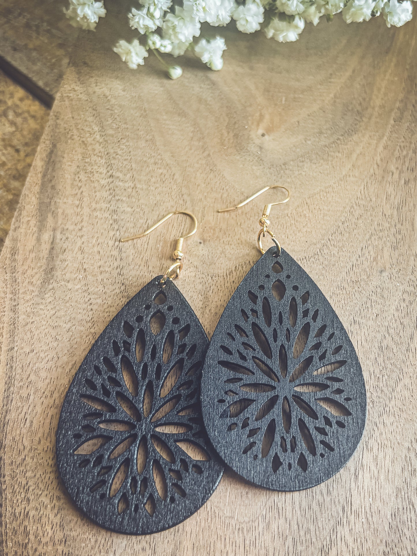 Beautiful Black Wooden Laser Cut Earrings