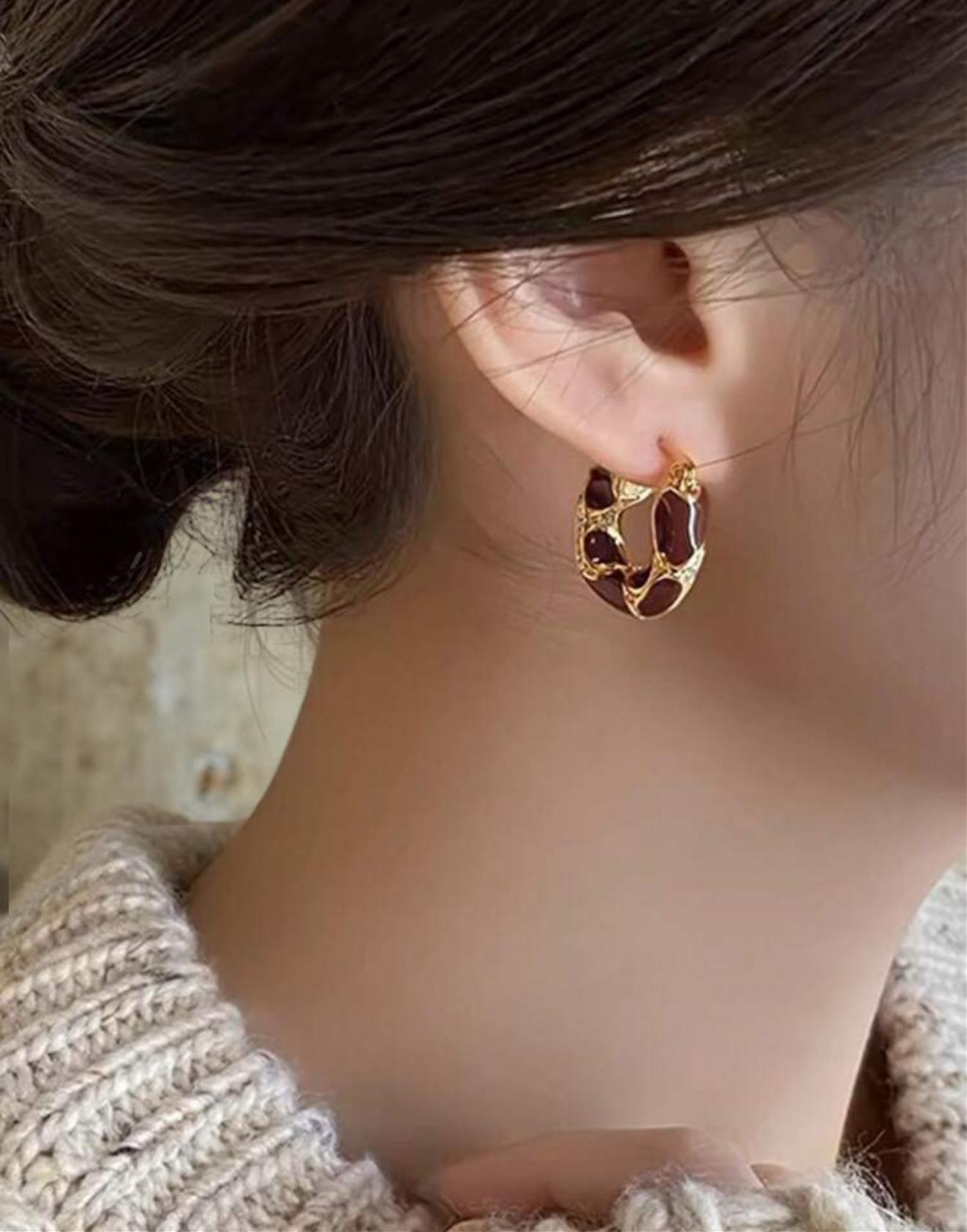 Beautiful Burgundy and Gold Hoop Earrings