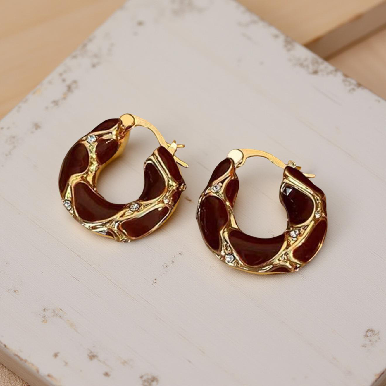 Beautiful Burgundy and Gold Hoop Earrings