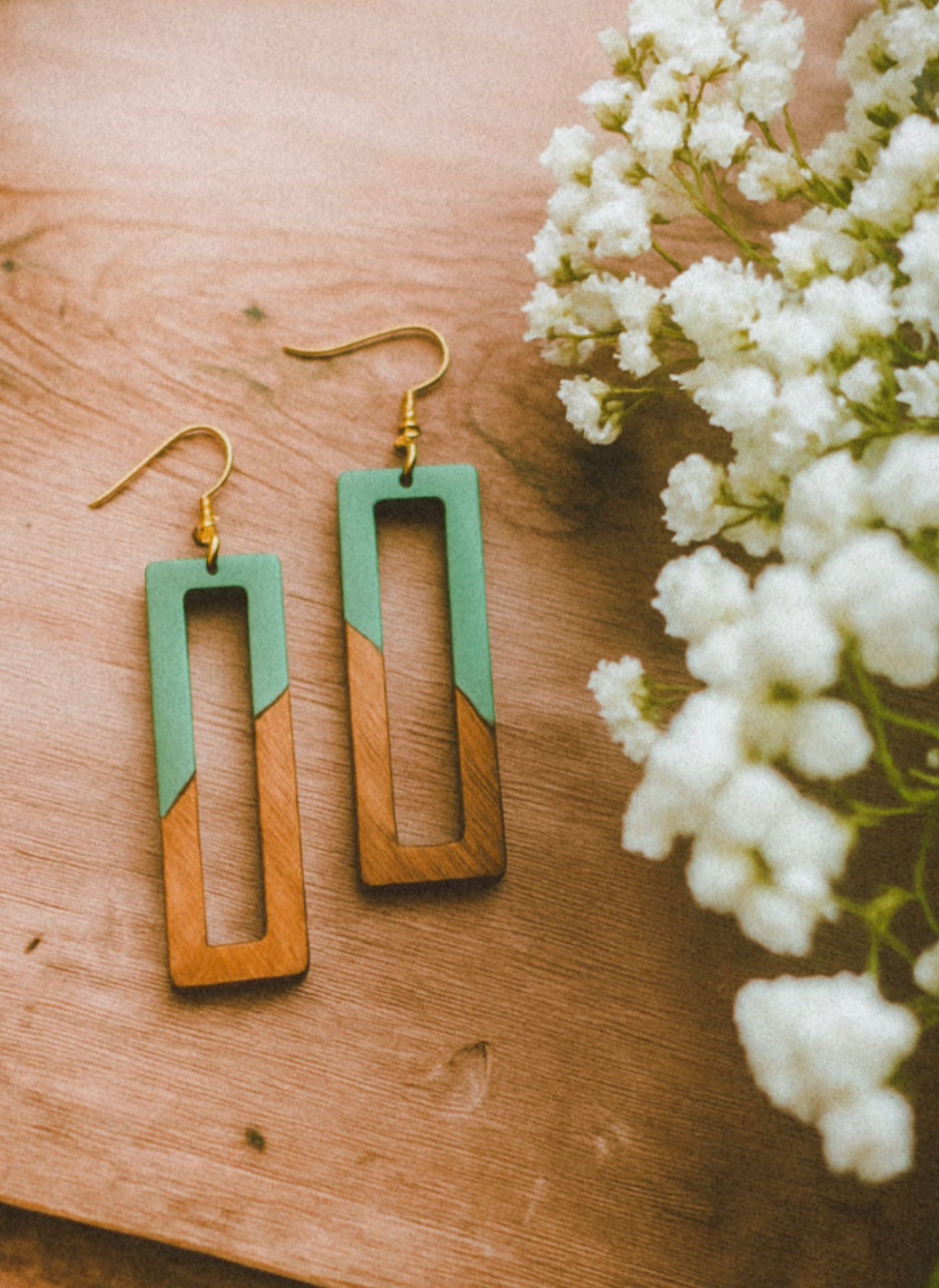 Rectangular Green Resin and Wood Earrings