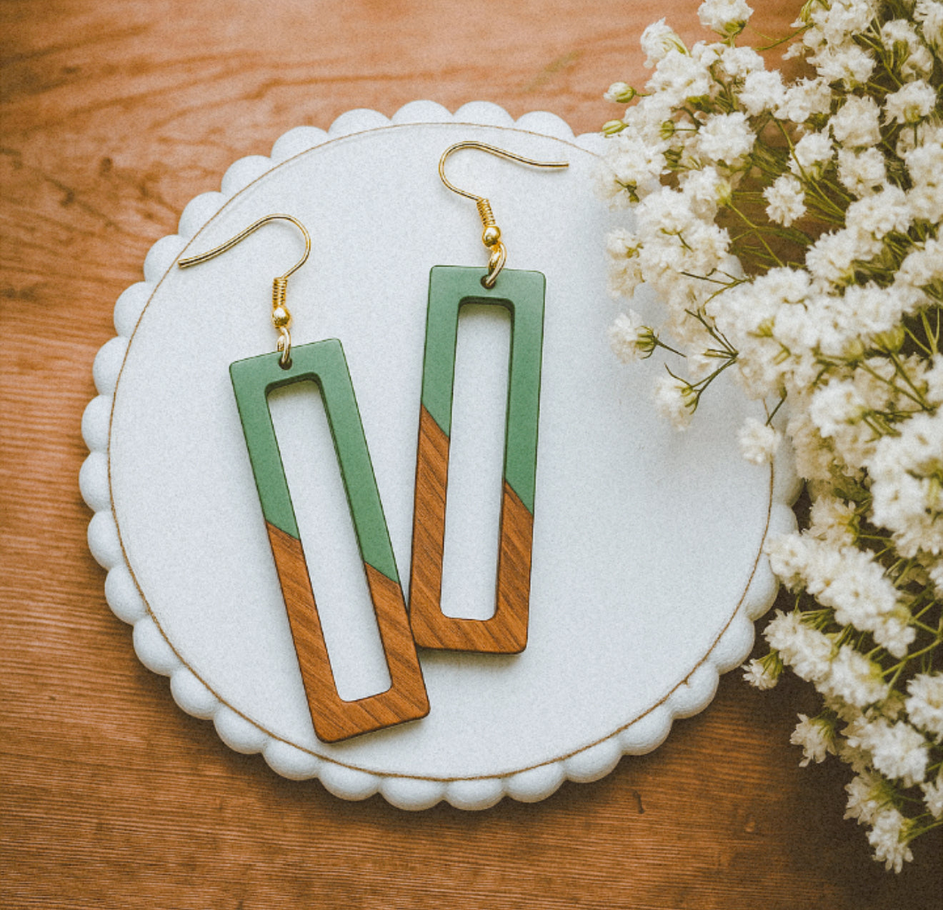 Rectangular Green Resin and Wood Earrings