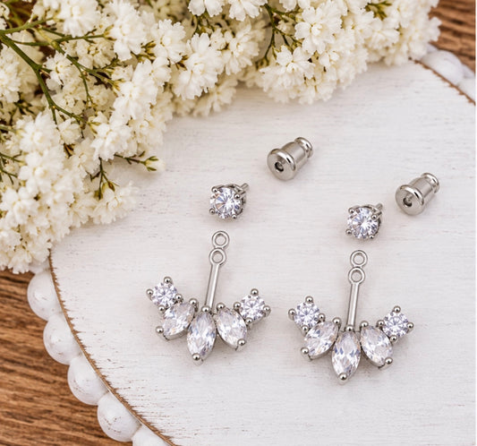 Silver Petal Crystal Jacket Earrings