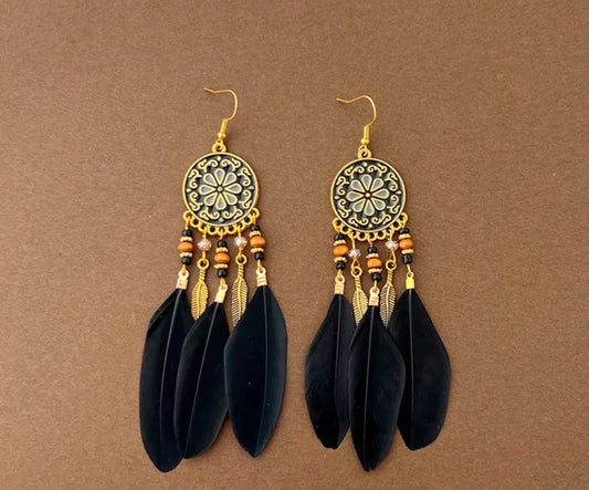 Beautiful Black Bohemian Feather Earrings