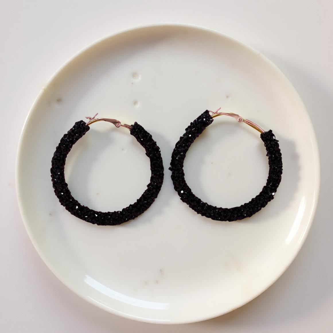 Beautiful Black Glitter Hoop Earrings
