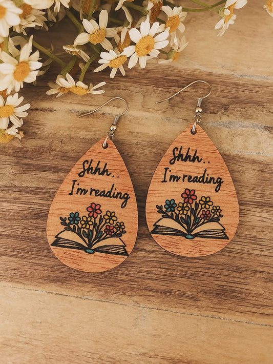 Adorable Wood Shhhh I am Reading Earrings