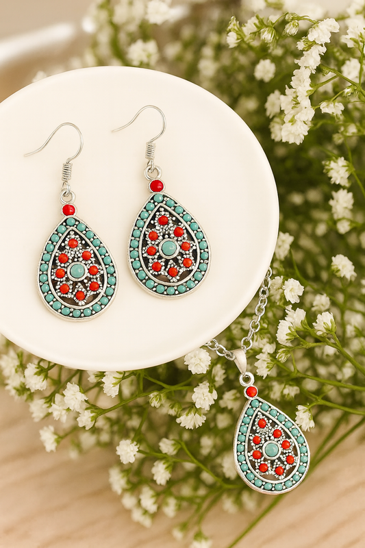 Beautiful Boho Turquoise and Red Necklace and Earring Set