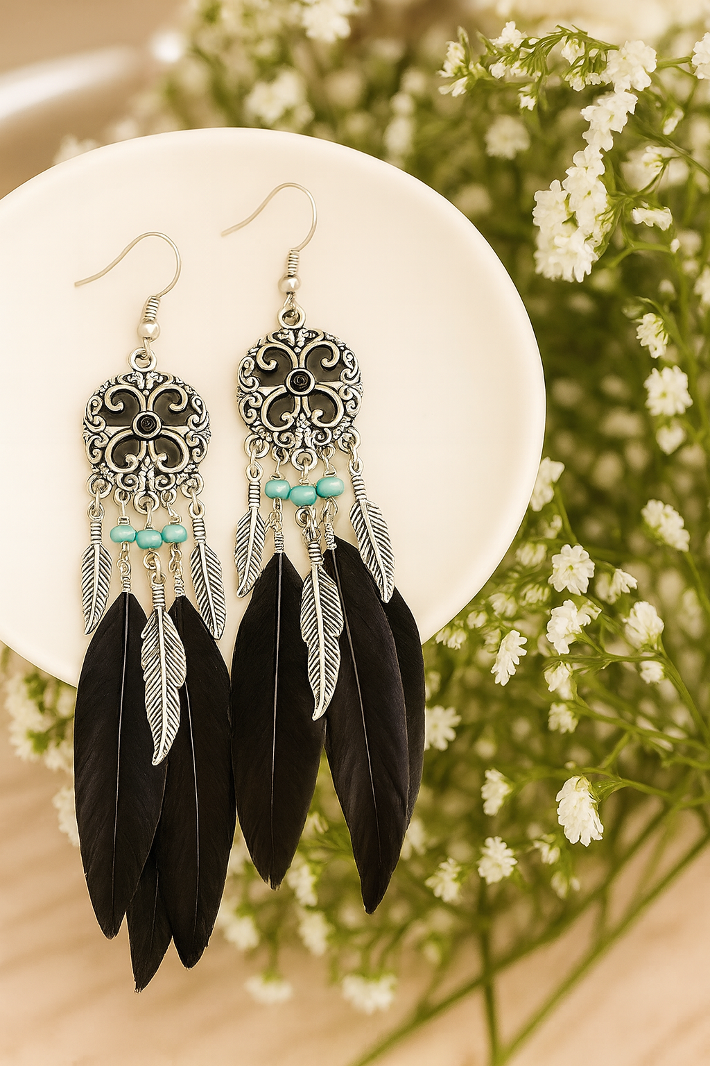 Boho Black Feather Earrings