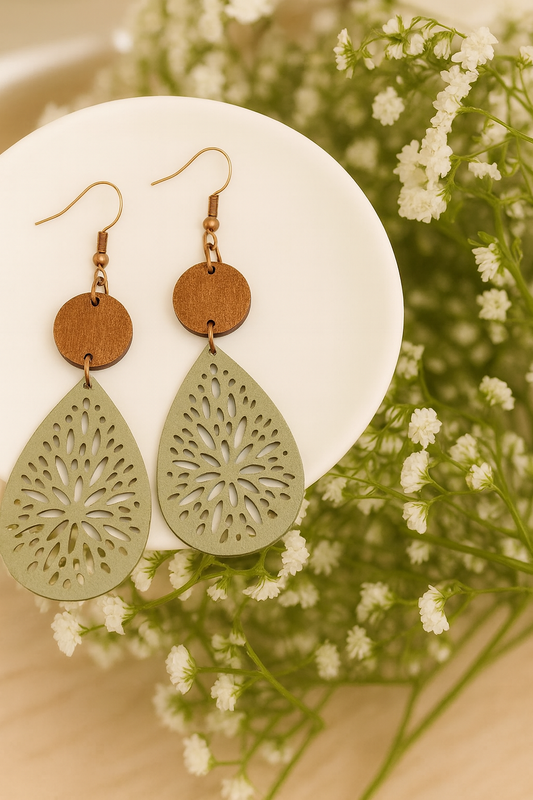 Beautiful Cream Leather and Wood Earrings
