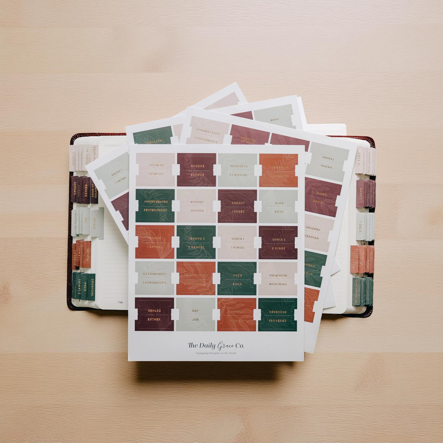 Bible book index tabs from The Daily Grace Co in colorful terracotta, green, and cream designs with subtle palm leaf illustrations, displayed on sticker sheets and partially applied to a dark journal on a light wooden desk